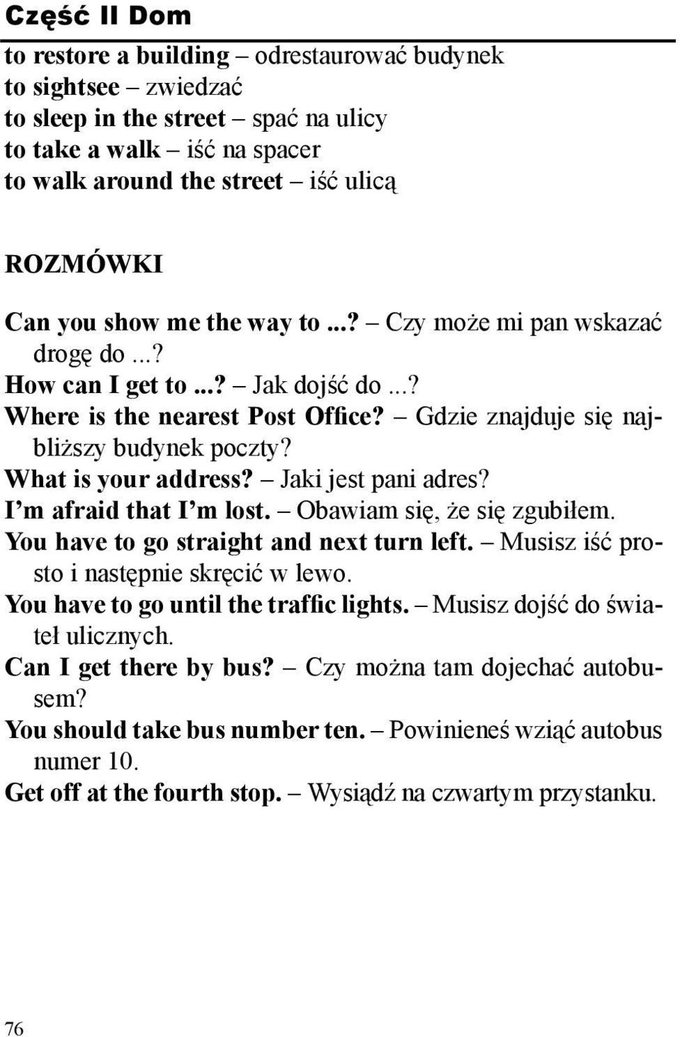 Jaki jest pani adres? I m afraid that I m lost. Obawiam się, że się zgubiłem. You have to go straight and next turn left. Musisz iść prosto i następnie skręcić w lewo.