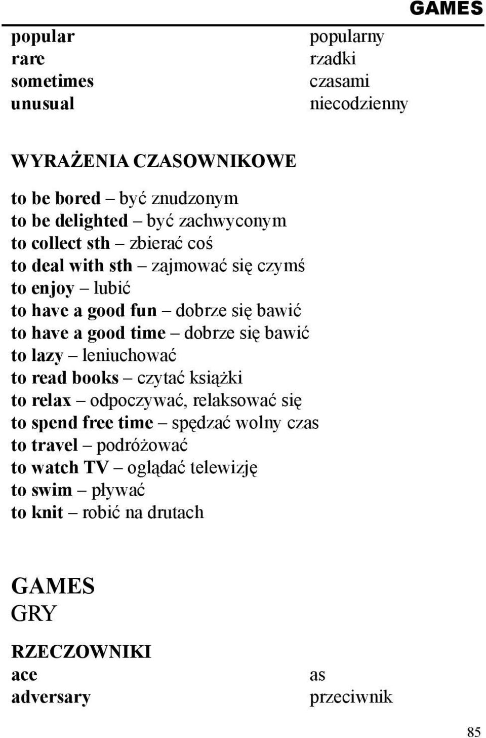 time dobrze się bawić to lazy leniuchować to read books czytać książki to relax odpoczywać, relaksować się to spend free time spędzać wolny