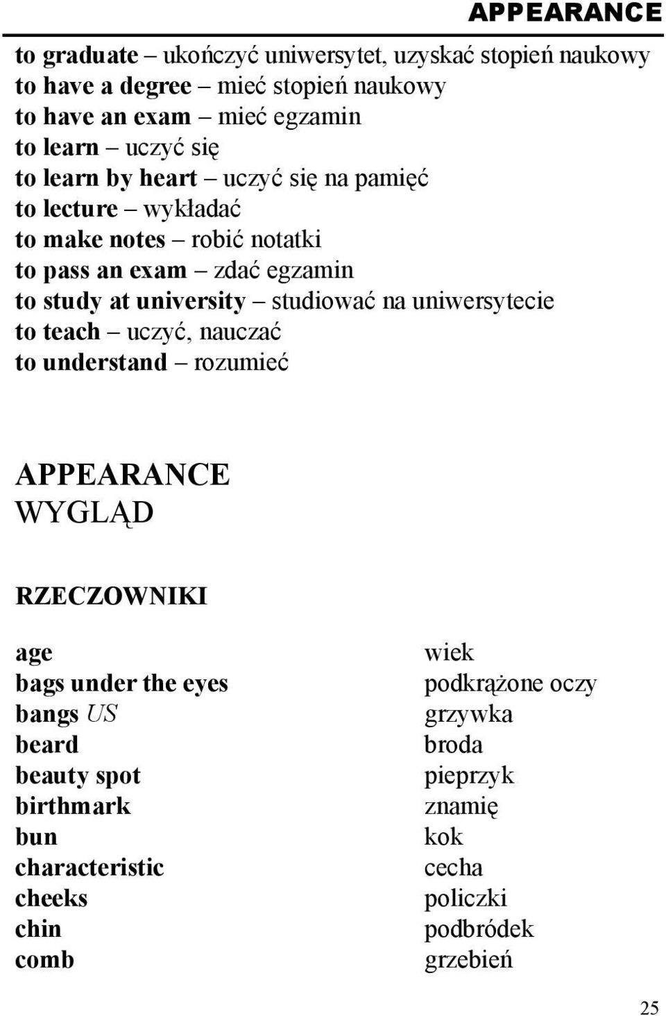 university studiować na uniwersytecie to teach uczyć, nauczać to understand rozumieć APPEARANCE WYGLĄD RZECZOWNIKI age bags under the eyes bangs