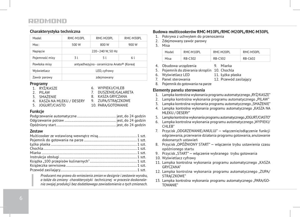 ZUPA/STRĄCZKOWE 10. PARA/GOTOWANIE Funkcje Podgrzewanie automatyczne... jest, do 24 godzin Odgrzewanie potraw... jest, do 24 godzin Opóźniony start.