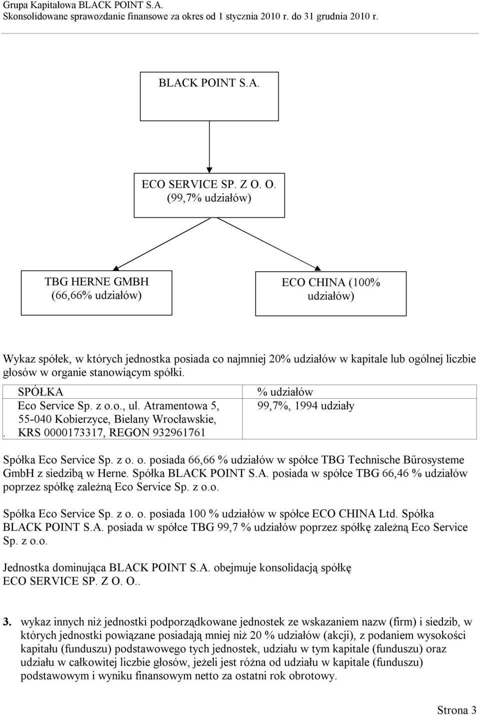 stanowiącym spółki. SPÓŁKA Eco Service Sp. z o.o., ul. Atramentowa 5, 55-040 Kobierzyce, Bielany Wrocławskie,. KRS 0000173317, REGON 932961761 % udziałów 99,7%, 1994 udziały Spółka Eco Service Sp.
