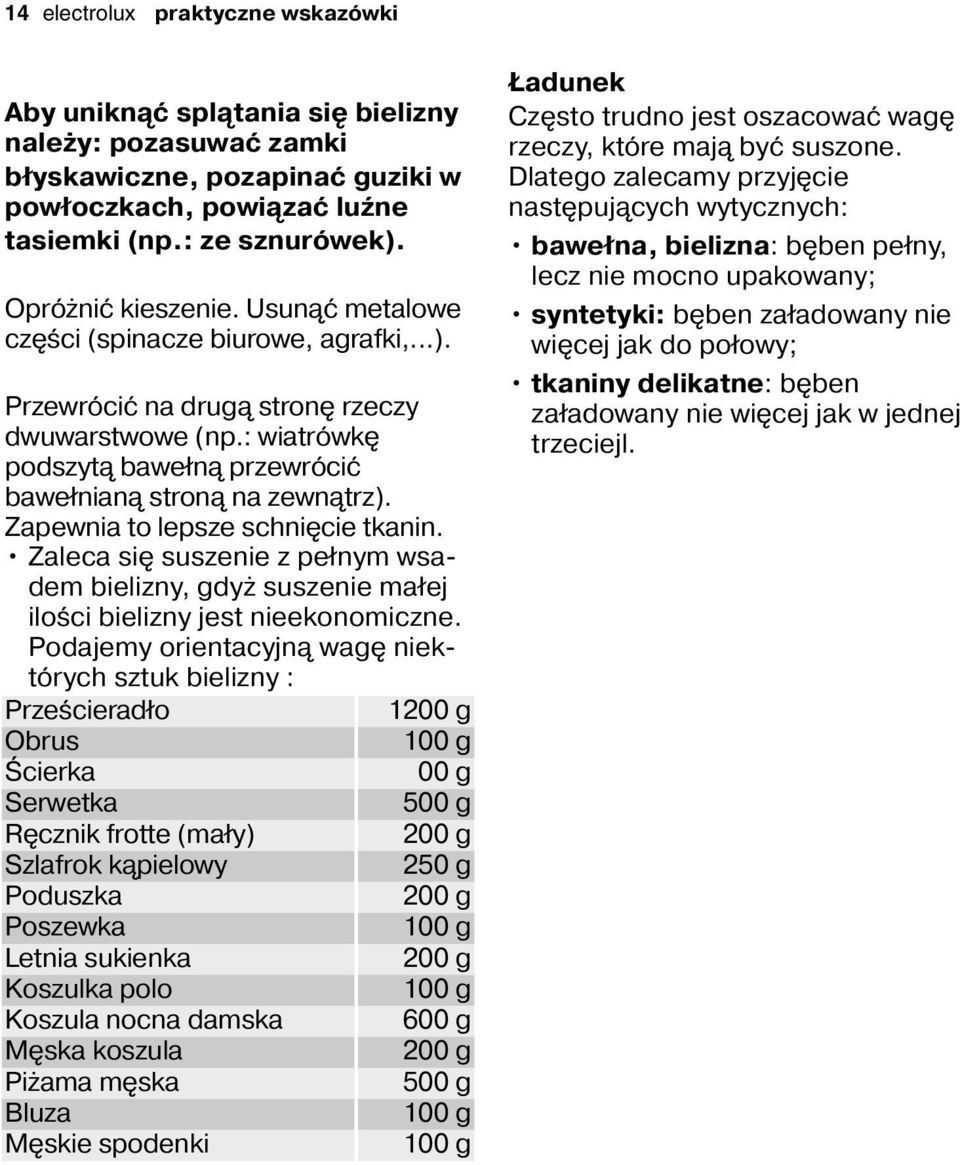 Zapewnia to lepsze schnięcie tkanin. Zaleca się suszenie z pełnym wsadem bielizny, gdyż suszenie małej ilości bielizny jest nieekonomiczne.