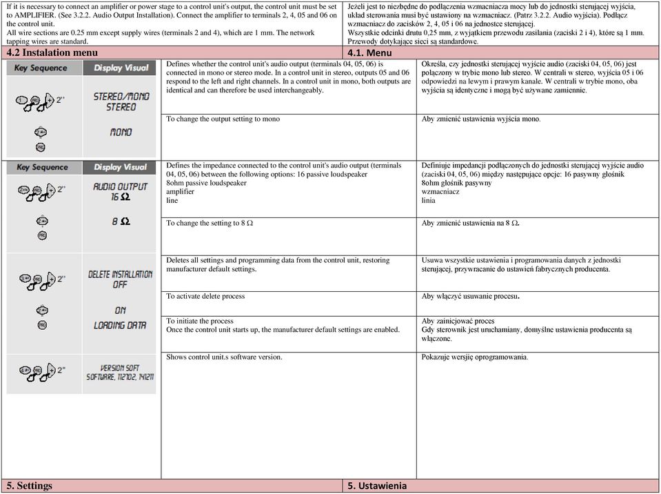 4.2 Instalation menu 4.1. Menu Defines whether the control unit's audio output (terminals 04, 05, 06) is connected in mono or stereo mode.