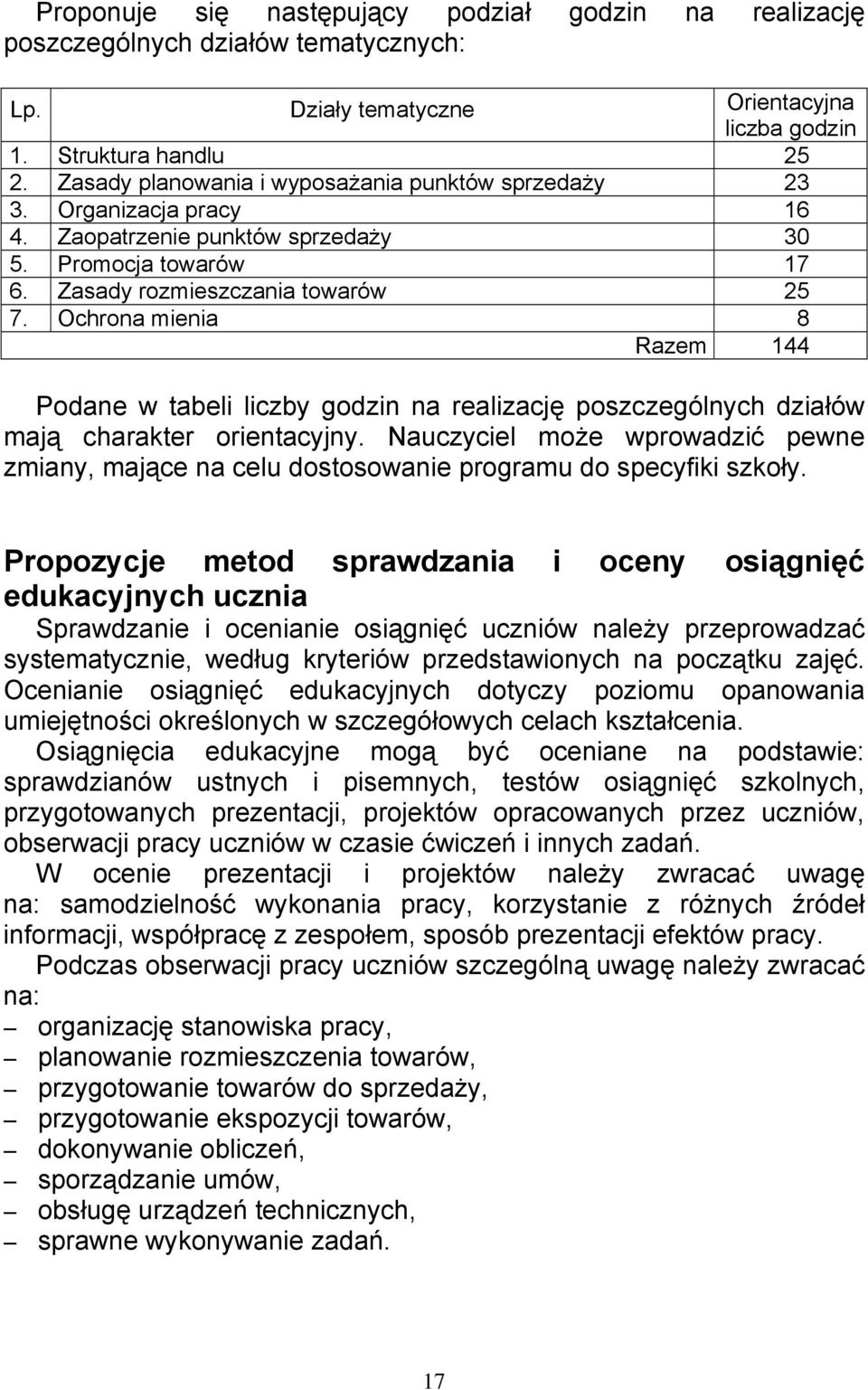 Ochrona mienia 8 Razem 144 Podane w tabeli liczby godzin na realizację poszczególnych działów mają charakter orientacyjny.