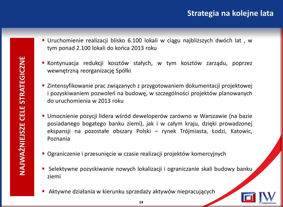 projektowej i pozyskiwaniem pozwoleń na budowę, w szczególności projektów planowanych do uruchomienia w 2013 roku Umocnienie pozycji lidera wśród deweloperów zarówno w Warszawie (na bazie posiadanego