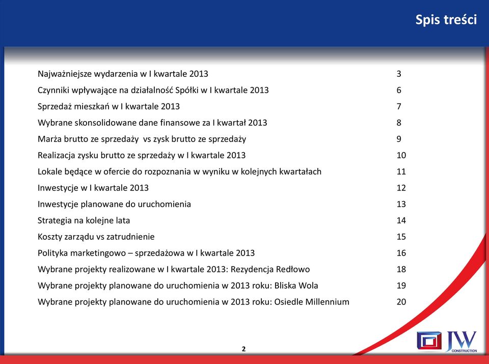 kolejnych kwartałach 11 Inwestycje w I kwartale 2013 12 Inwestycje planowane do uruchomienia 13 Strategia na kolejne lata 14 Koszty zarządu vs zatrudnienie 15 Polityka marketingowo sprzedażowa w I