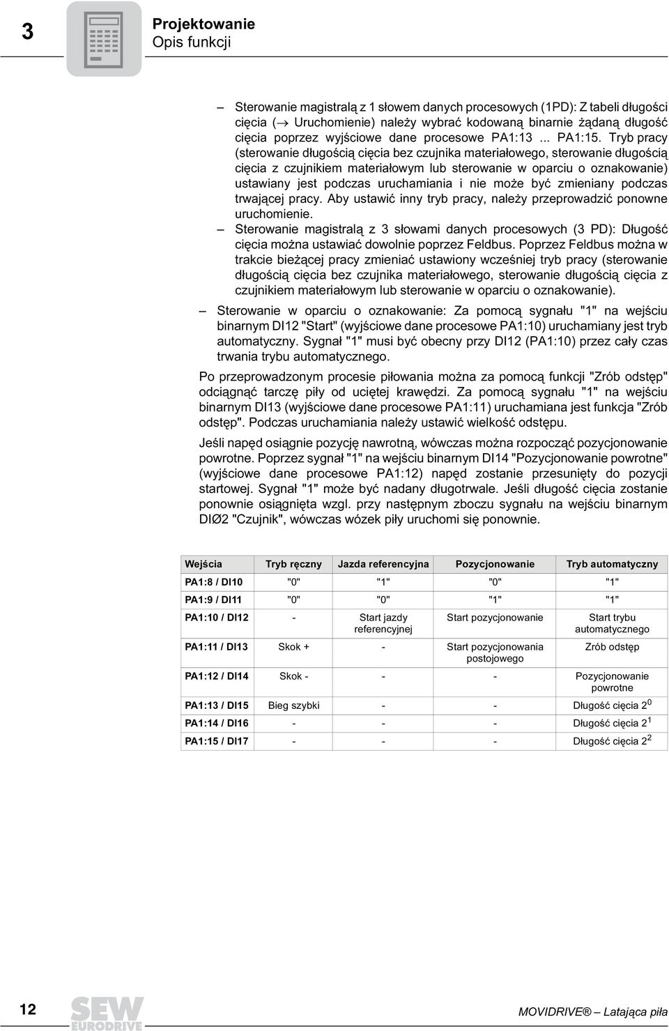 Tryb pracy (sterowanie długością cięcia bez czujnika materiałowego, sterowanie długością cięcia z czujnikiem materiałowym lub sterowanie w oparciu o oznakowanie) ustawiany jest podczas uruchamiania i