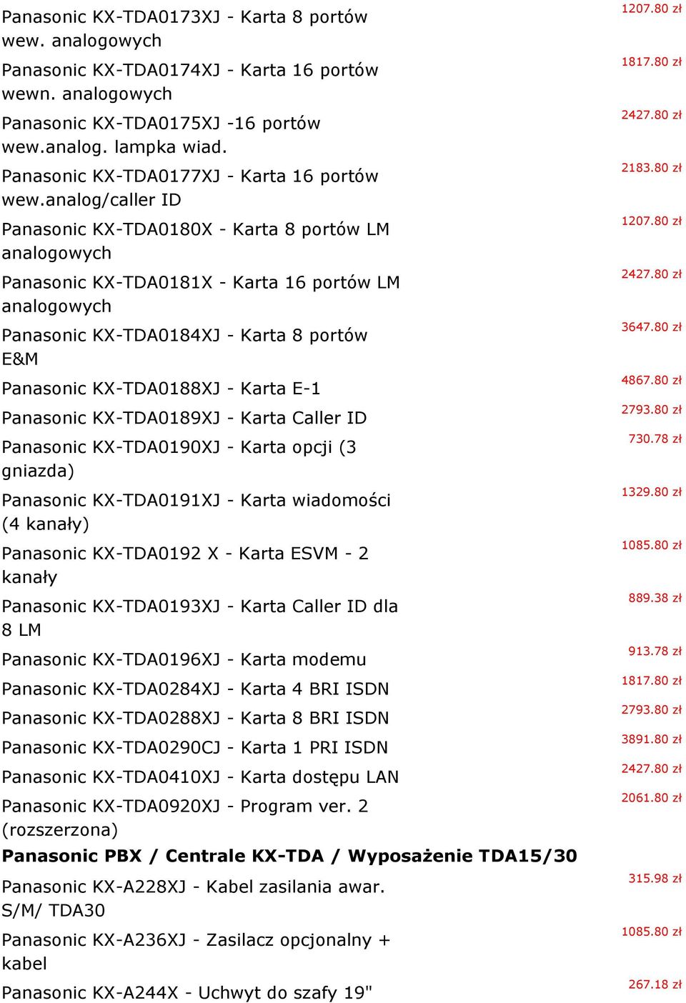 analog/caller ID Panasonic KX-TDA0180X - Karta 8 portów LM analogowych Panasonic KX-TDA0181X - Karta 16 portów LM analogowych Panasonic KX-TDA0184XJ - Karta 8 portów E&M Panasonic KX-TDA0188XJ -