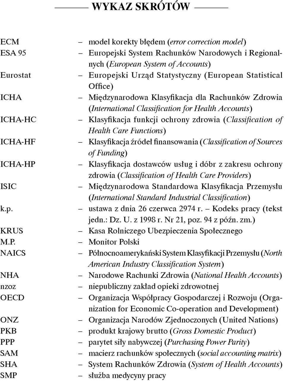 NAICS NHA nzoz OECD ONZ PKB PPP SAM SHA SMP model korekty błędem (error correction model) Europejski System Rachunków Narodowych i Regionalnych (European System of Accounts) Europejski Urząd