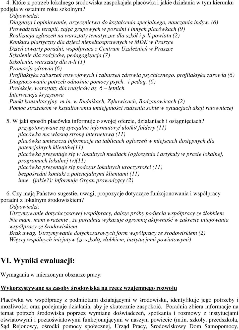 (6) Prowadzenie terapii, zajęć grupowych w poradni i innych placówkach (9) Realizacja zgłoszeń na warsztaty tematyczne dla szkół i p-li powiatu (2) Konkurs plastyczny dla dzieci niepełnosprawnych w