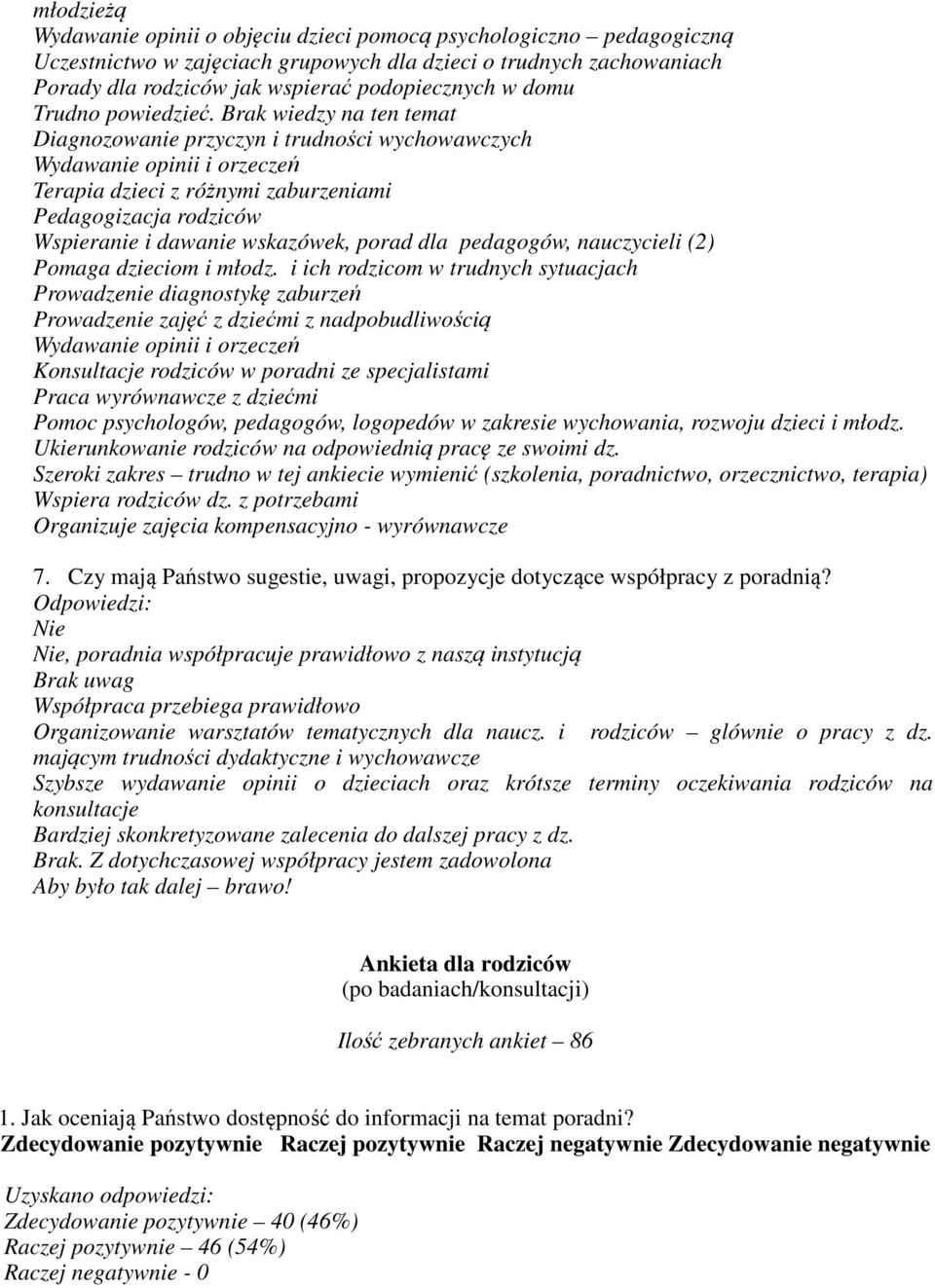 Brak wiedzy na ten temat Diagnozowanie przyczyn i trudności wychowawczych Wydawanie opinii i orzeczeń Terapia dzieci z różnymi zaburzeniami Pedagogizacja rodziców Wspieranie i dawanie wskazówek,