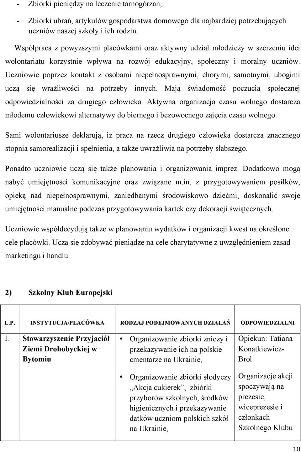 Uczniowie poprzez kontakt z osobami niepełnosprawnymi, chorymi, samotnymi, ubogimi uczą się wrażliwości na potrzeby innych. Mają świadomość poczucia społecznej odpowiedzialności za drugiego człowieka.