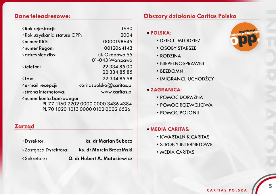 olska@caritas.pl strona internetowa: www.caritas.pl numer konta bankowego: PL 77 1160 2202 0000 0000 3436 4384 PL 70 1020 1013 0000 0102 0002 6526 Zarząd Dyrektor: ks.