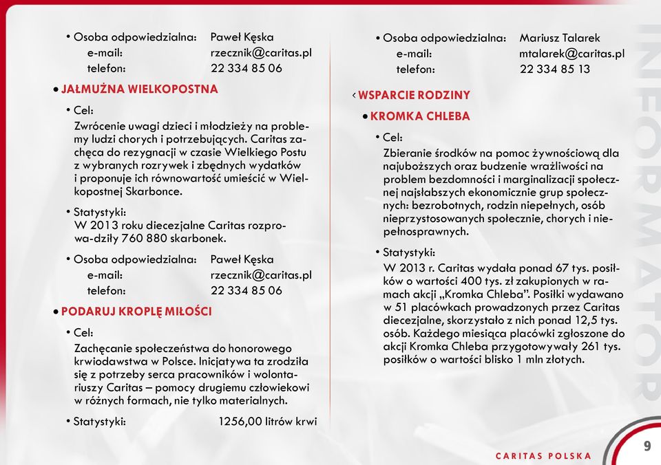 Statystyki: W 2013 roku diecezjalne Caritas rozprowa-dziły 760 880 skarbonek. Osoba odpowiedzialna: Paweł Kęska e-mail: rzecznik@caritas.