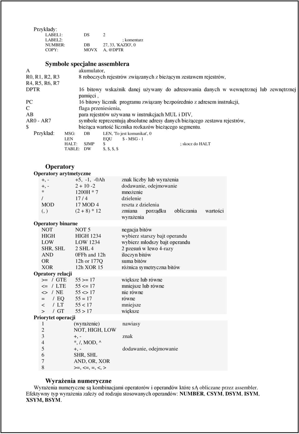 instrukcji, flaga przeniesienia, para rejestrów używana w instrukcjach MUL i DIV, symbole reprezentują absolutne adresy danych bieżącego zestawu rejestrów, PC C AB AR0 - AR7 $ bieżąca wartość