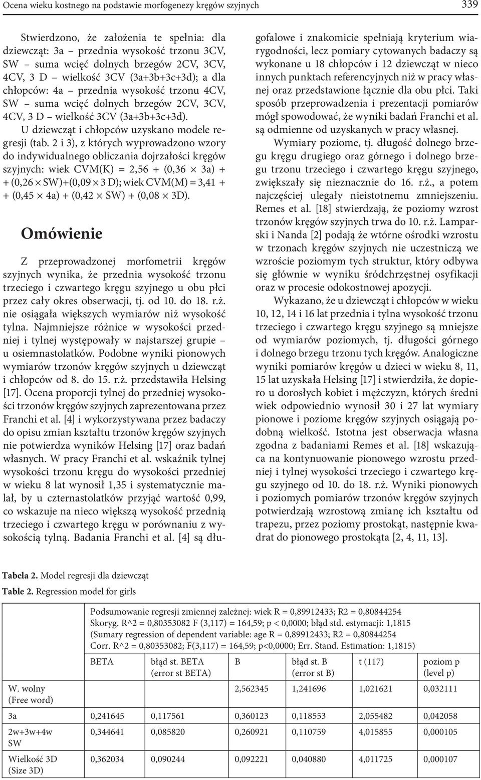 U dziewcząt i chłopców uzyskano modele regresji (tab.