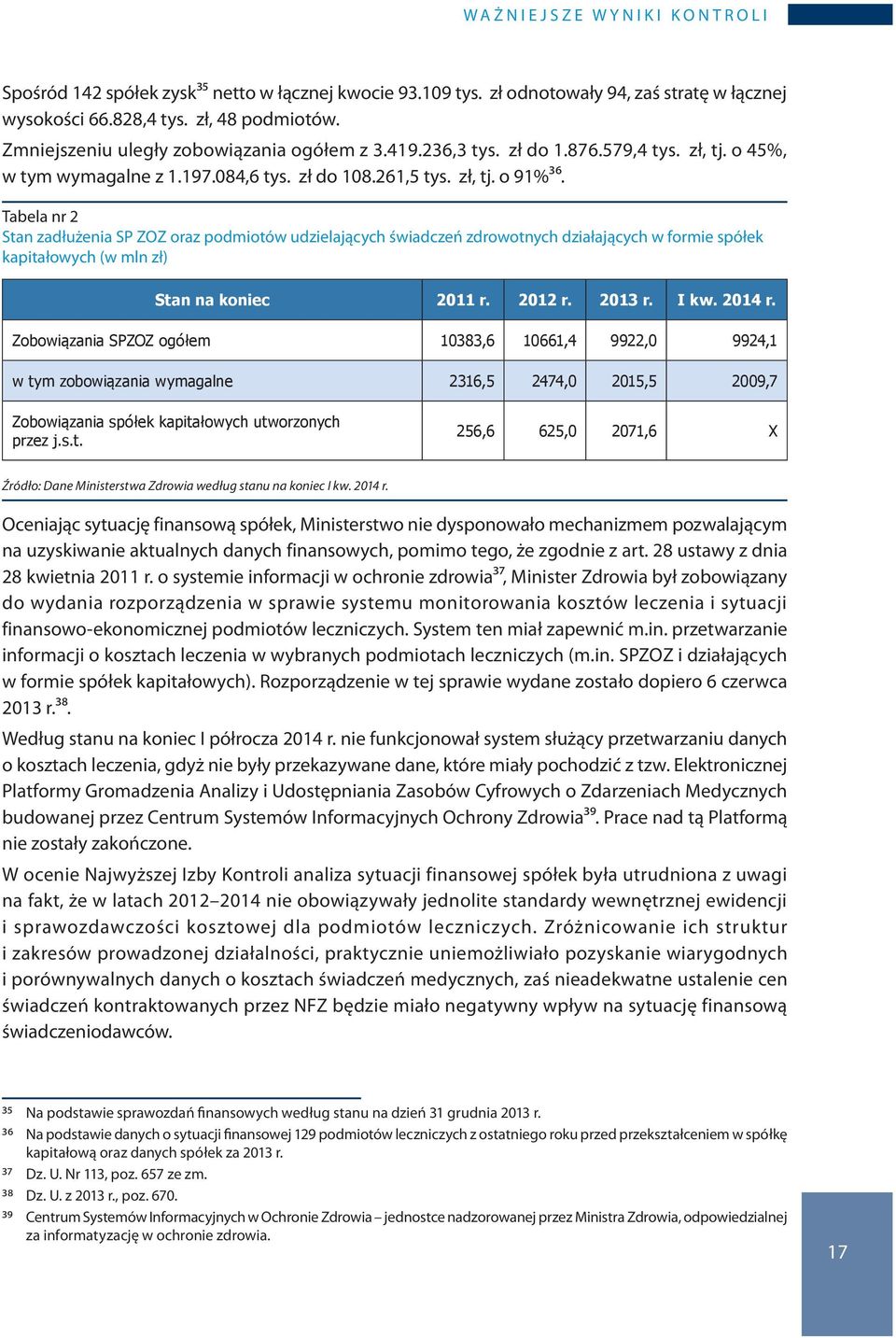 Tabela nr 2 Stan zadłużenia SP ZOZ oraz podmiotów udzielających świadczeń zdrowotnych działających w formie spółek kapitałowych (w mln zł) Stan na koniec 2011 r. 2012 r. 2013 r. I kw. 2014 r.