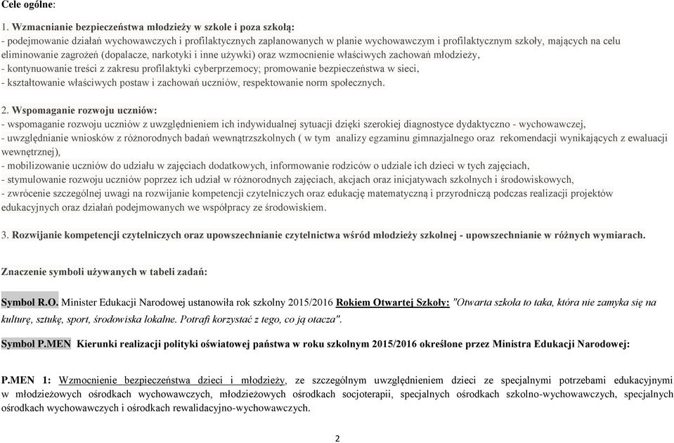 eliminowanie zagrożeń (dopalacze, narkotyki i inne używki) oraz wzmocnienie właściwych zachowań młodzieży, - kontynuowanie treści z zakresu profilaktyki cyberprzemocy; promowanie bezpieczeństwa w