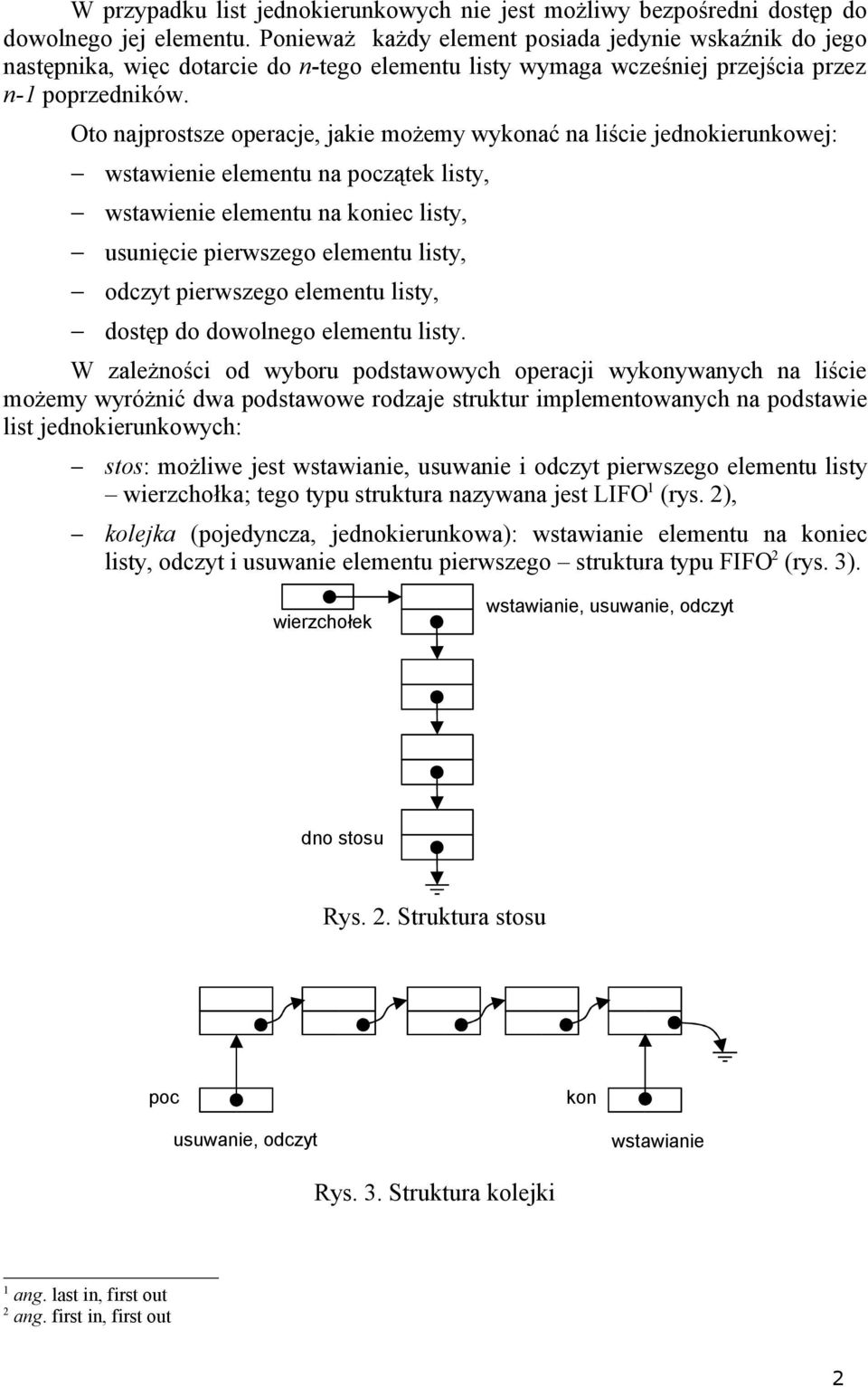 Oto najrostsze oeracje, jakie możemy wykonać na liście jednokierunkowej: wstawienie elementu na zątek listy, wstawienie elementu na koniec listy, usunięcie ierwszego elementu listy, odczyt ierwszego