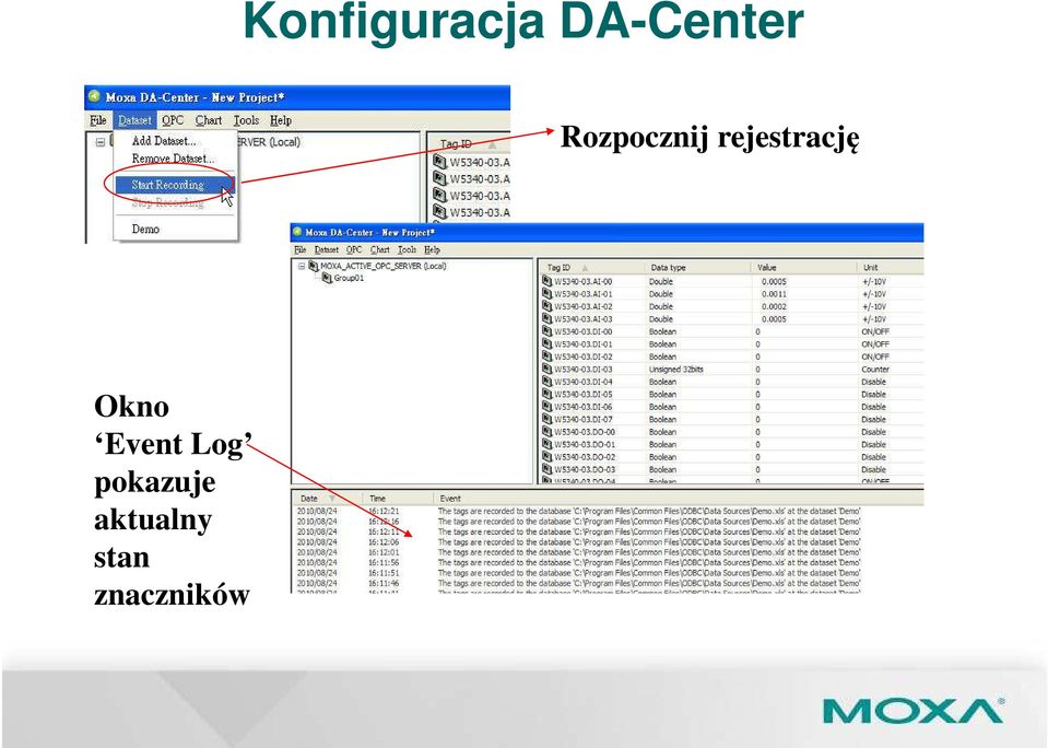 Okno Event Log pokazuje