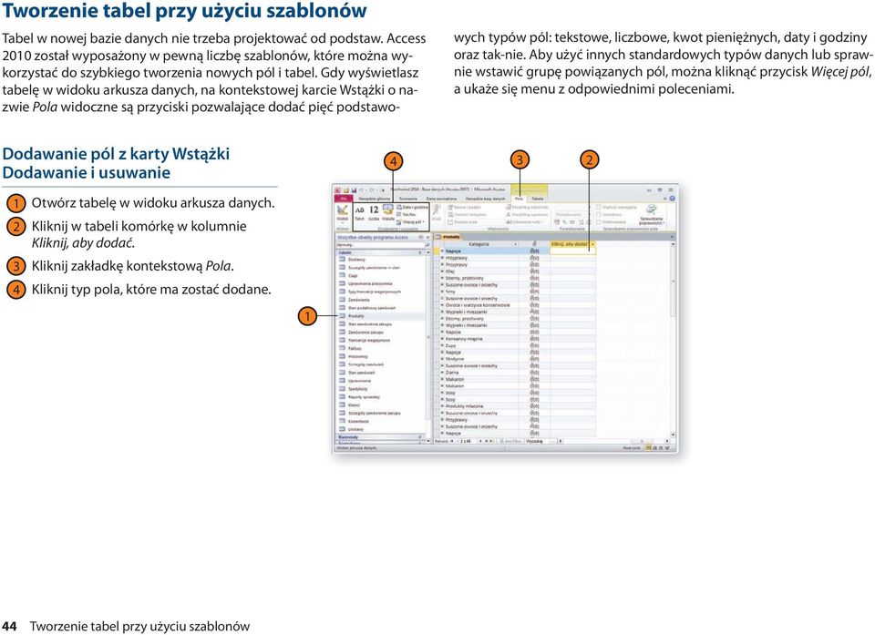 Gdy wyświetlasz tabelę w widoku arkusza danych, na kontekstowej karcie Wstążki o nazwie Pola widoczne są przyciski pozwalające dodać pięć podstawowych typów pól: tekstowe, liczbowe, kwot pieniężnych,