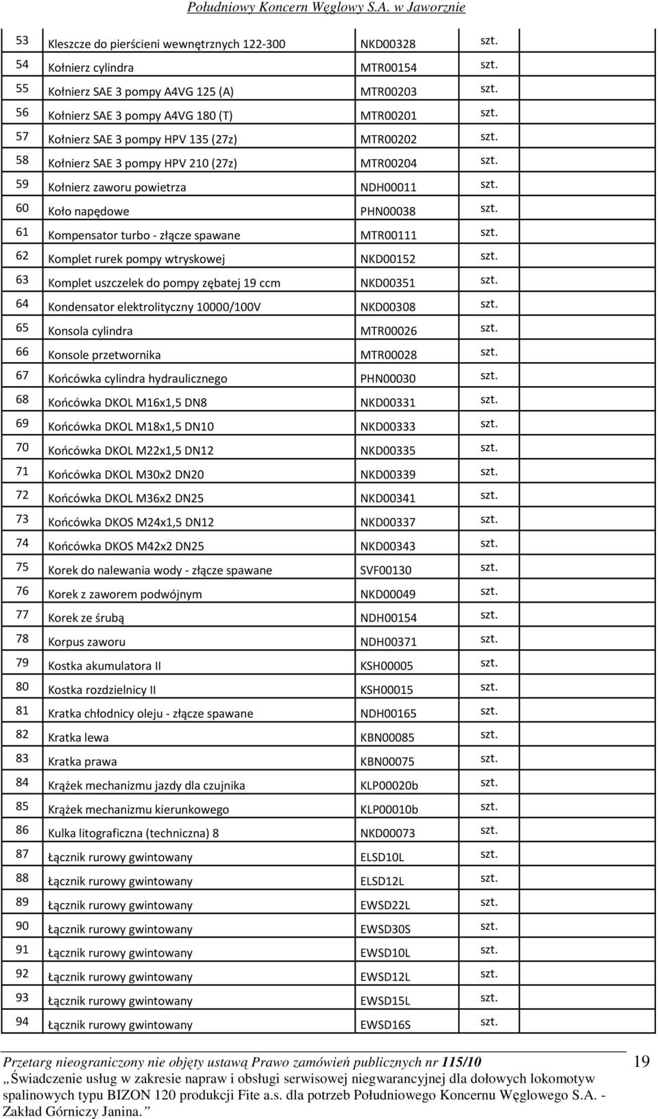 61 Kompensator turbo - złącze spawane MTR00111 szt. 62 Komplet rurek pompy wtryskowej NKD00152 szt. 63 Komplet uszczelek do pompy zębatej 19 ccm NKD00351 szt.