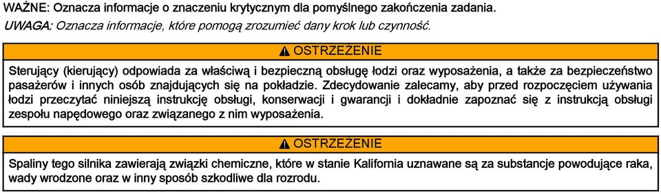 Zdecydowanie zalecamy, aby przed rozpoczęciem używania łodzi przeczytać niniejszą instrukcję obsługi, konserwacji i gwarancji i dokładnie zapoznać się z instrukcją obsługi zespołu