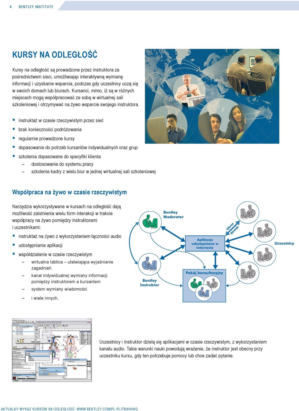 instruktaż w czasie rzeczywistym przez sieć brak konieczności podróżowania regularnie prowadzone kursy dopasowanie do potrzeb kursantów indywidualnych oraz grup szkolenia dopasowane do specyfiki