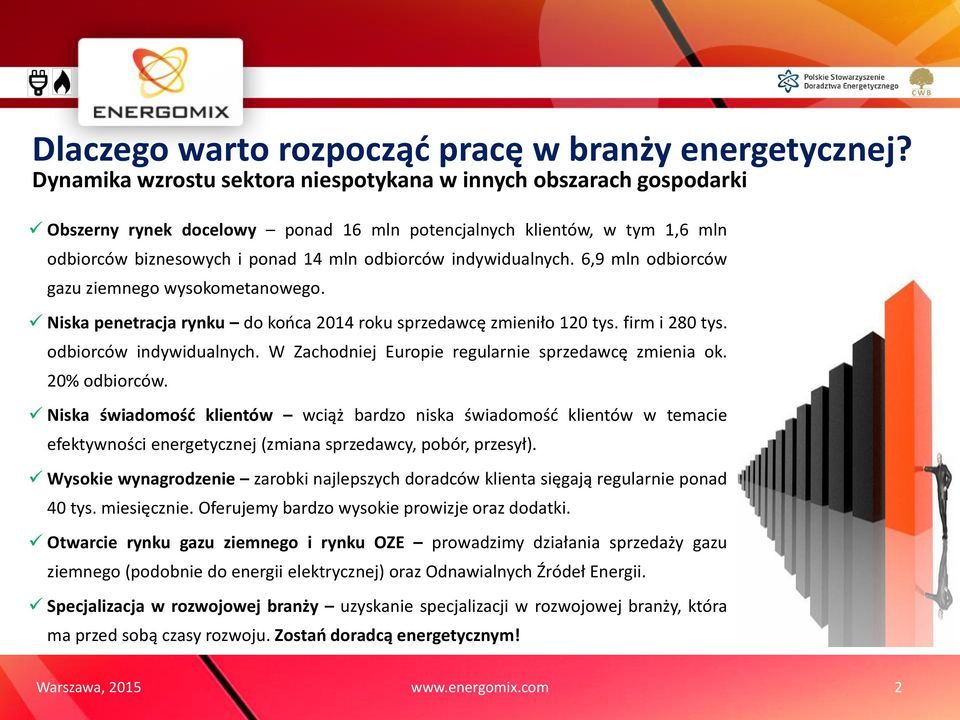 indywidualnych. 6,9 mln odbiorców gazu ziemnego wysokometanowego. Niska penetracja rynku do końca 2014 roku sprzedawcę zmieniło 120 tys. firm i 280 tys. odbiorców indywidualnych.