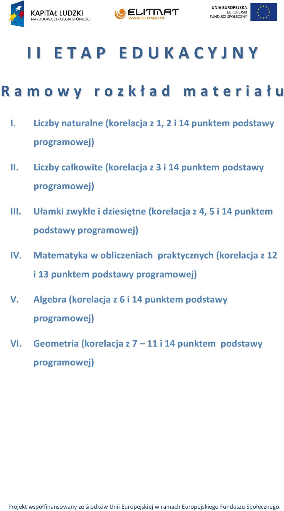 Liczby całkowite (korelacja z 3 i 14 punktem podstawy programowej) Ułamki zwykłe i dziesiętne (korelacja z 4, 5 i 14 punktem