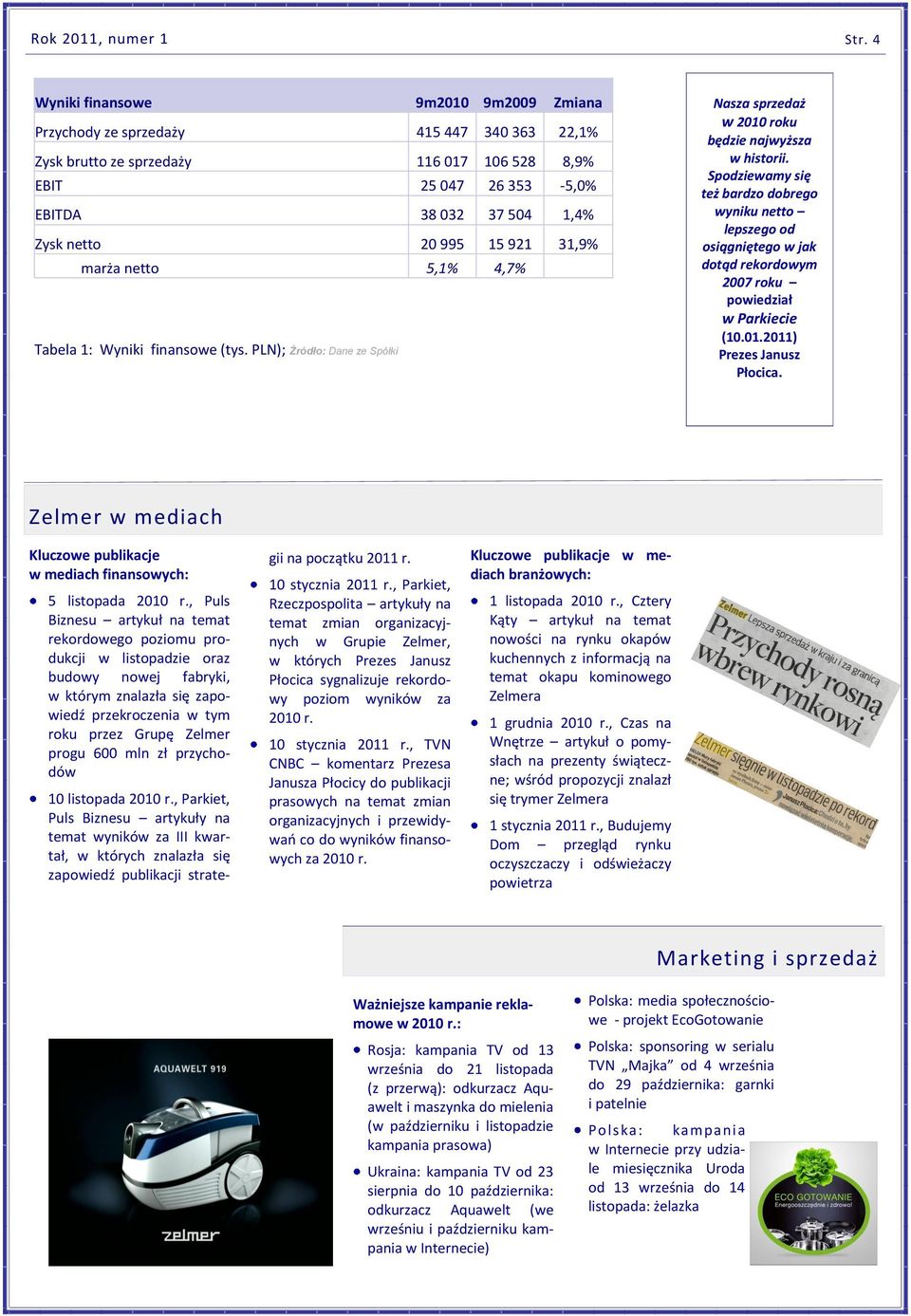 15 921 31,9% marża netto 5,1% 4,7% Tabela 1: Wyniki finansowe (tys. PLN); Źródło: Dane ze Spółki Nasza sprzedaż w 2010 roku będzie najwyższa w historii.