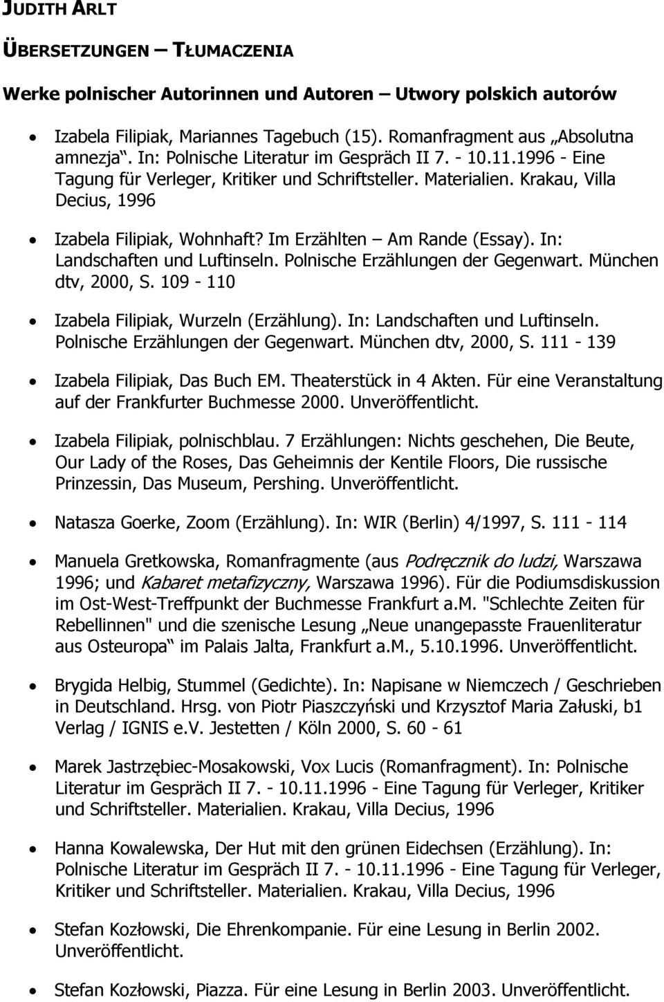 Im Erzählten Am Rande (Essay). In: Landschaften und Luftinseln. Polnische Erzählungen der Gegenwart. München dtv, 2000, S. 109-110 Izabela Filipiak, Wurzeln (Erzählung).