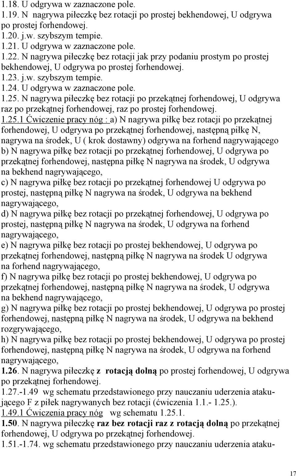 N nagrywa piłeczkę bez rotacji po przekątnej forhendowej, U odgrywa raz po przekątnej forhendowej, raz po prostej forhendowej. 1.25.