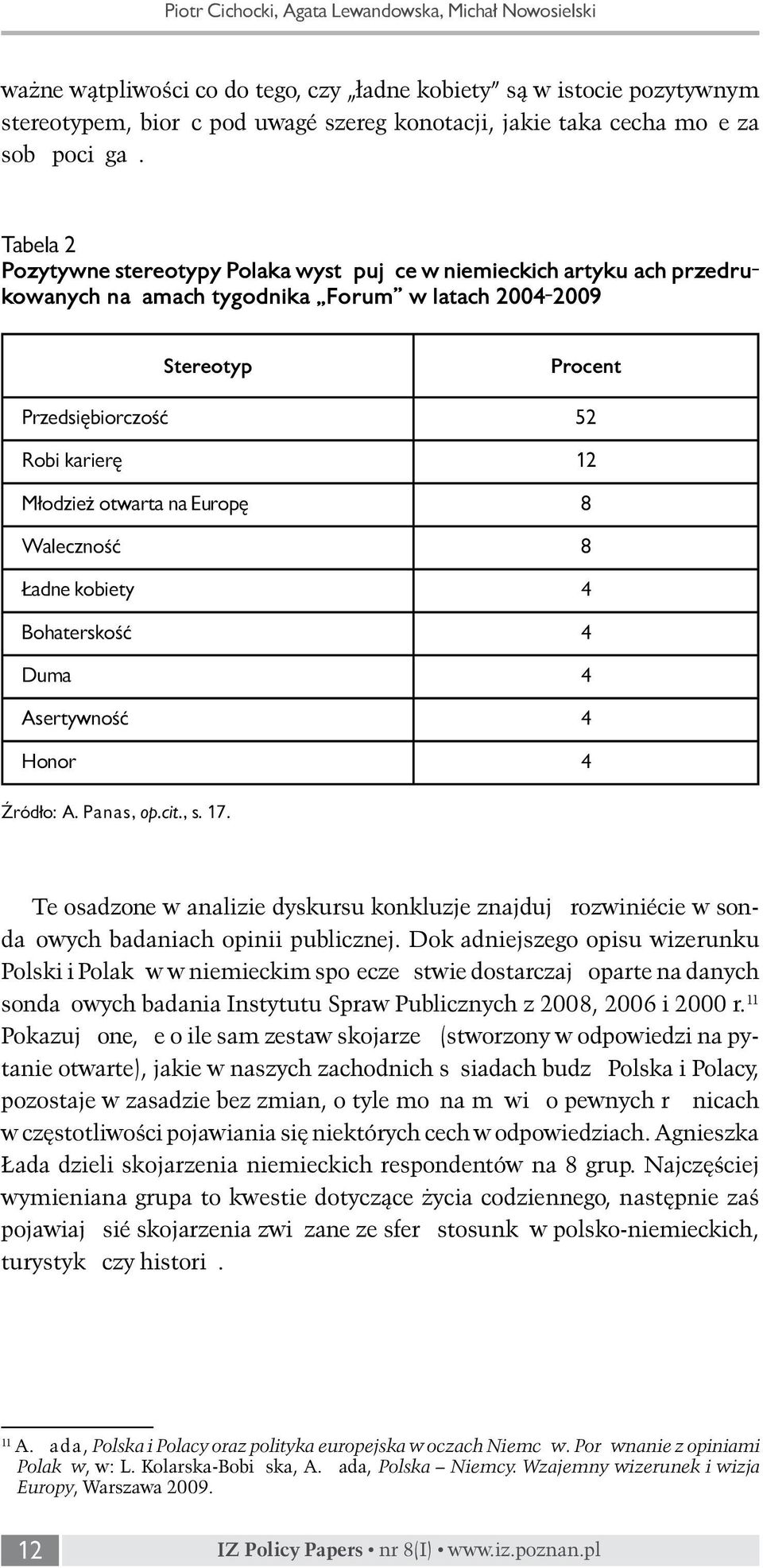 Tabela 2 Pozytywne stereotypy Polaka występujące w niemieckich artykułach przedrukowanych na łamach tygodnika Forum w latach 2004-2009 Stereotyp Procent Przedsiębiorczość 52 Robi karierę 12 Młodzież