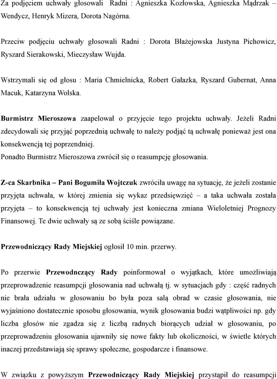 Wstrzymali się od głosu : Maria Chmielnicka, Robert Gałazka, Ryszard Gubernat, Anna Macuk, Katarzyna Wolska. Burmistrz Mieroszowa zaapelował o przyjęcie tego projektu uchwały.