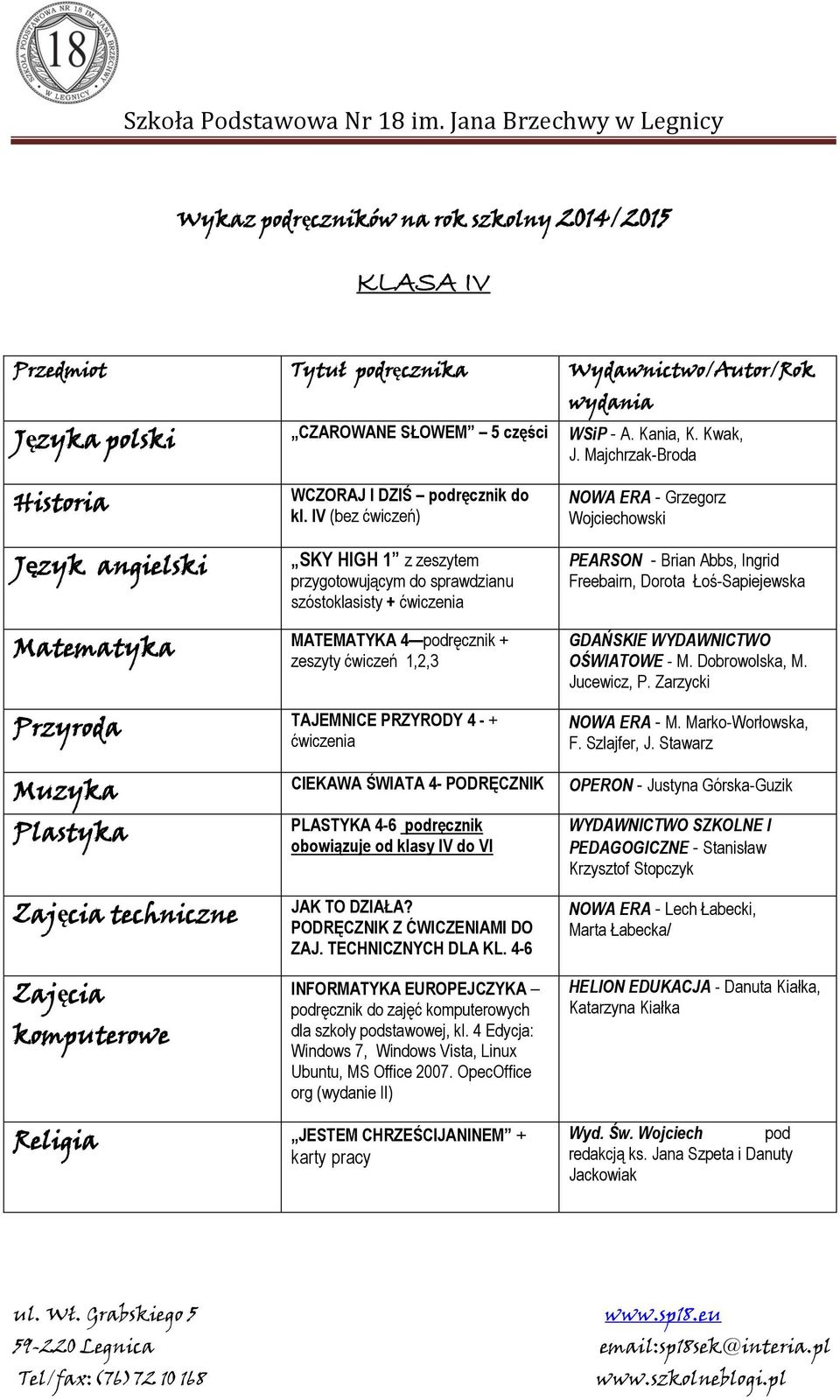 Matematyka MATEMATYKA 4 podręcznik + zeszyty ćwiczeń 1,2,3 Przyroda TAJEMNICE PRZYRODY 4 - + ćwiczenia GDAŃSKIE WYDAWNICTWO OŚWIATOWE - M. Dobrowolska, M. Jucewicz, P. Zarzycki NOWA ERA - M.