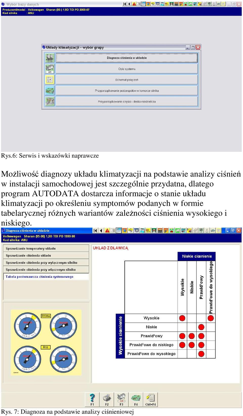 informacje o stanie układu klimatyzacji po określeniu symptomów podanych w formie tabelarycznej