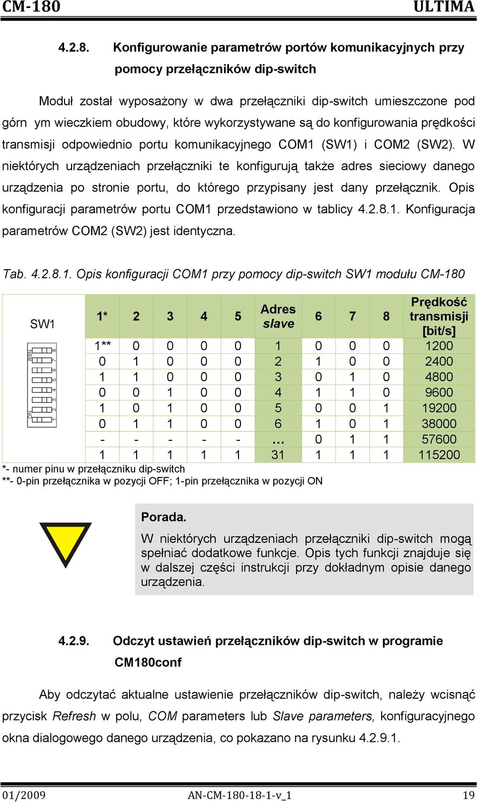 wykorzystywane są do konfigurowania prędkości transmisji odpowiednio portu komunikacyjnego COM1 (SW1) i COM2 (SW2).