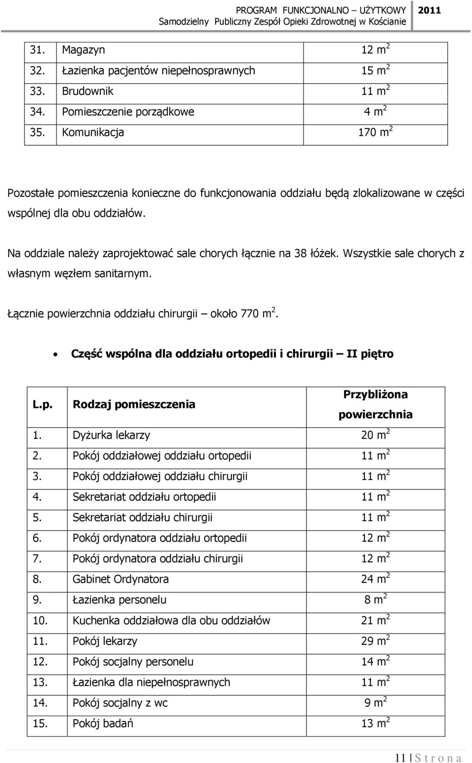 Na oddziale należy zaprojektować sale chorych łącznie na 38 łóżek. Wszystkie sale chorych z własnym węzłem sanitarnym. Łącznie powierzchnia oddziału chirurgii około 770 m 2.