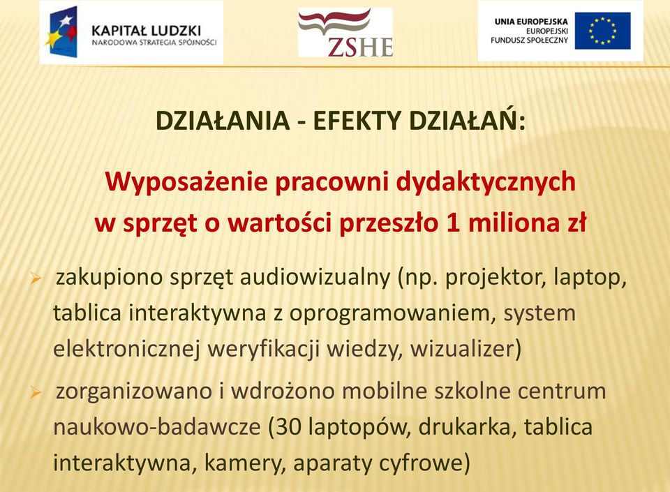 projektor, laptop, tablica interaktywna z oprogramowaniem, system elektronicznej weryfikacji