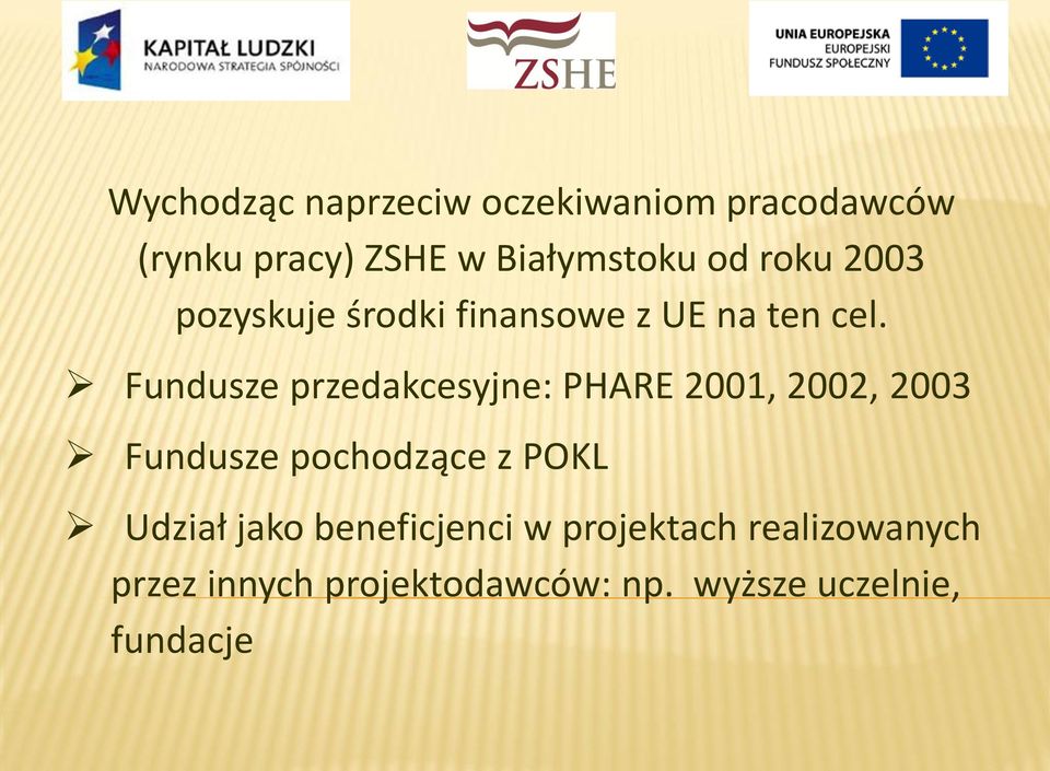 Fundusze przedakcesyjne: PHARE 2001, 2002, 2003 Fundusze pochodzące z POKL