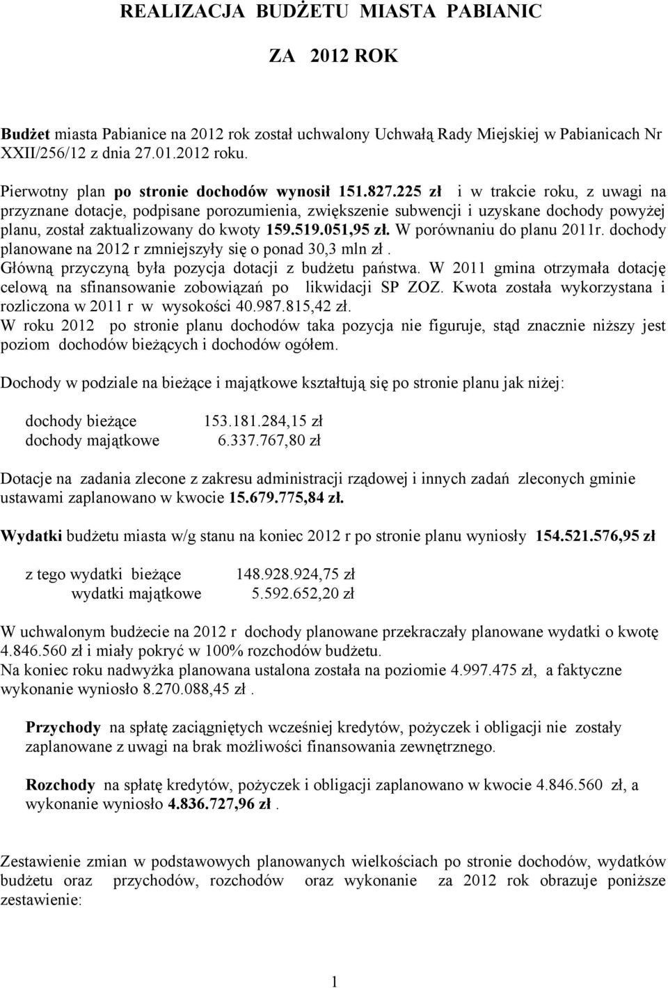 225 zł i w trakcie roku, z uwagi na przyznane dotacje, podpisane porozumienia, zwiększenie subwencji i uzyskane dochody powyżej planu, został zaktualizowany do kwoty 159.519.051,95 zł.