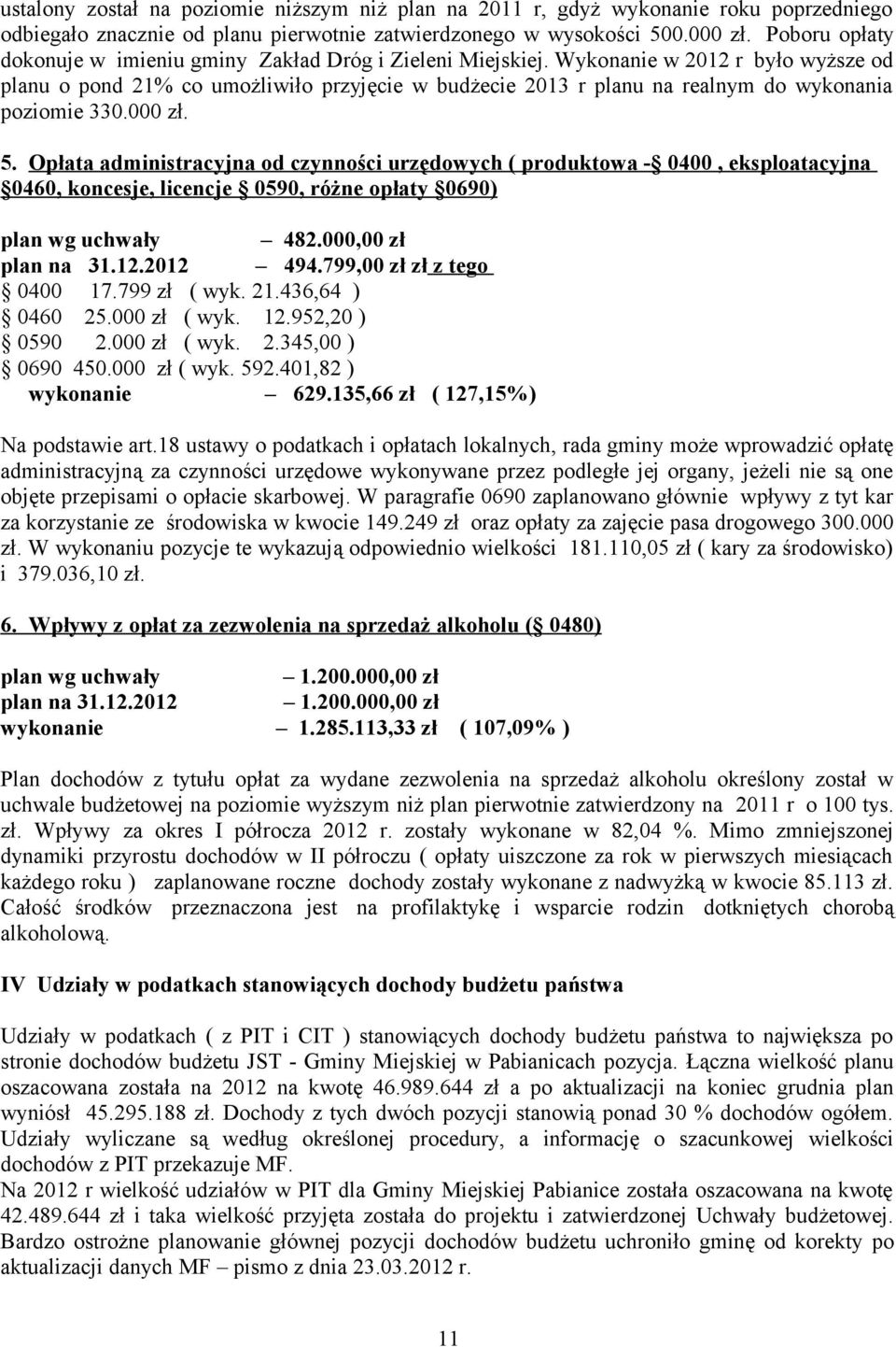 Wykonanie w 2012 r było wyższe od planu o pond 21% co umożliwiło przyjęcie w budżecie 2013 r planu na realnym do wykonania poziomie 330.000 zł. 5.