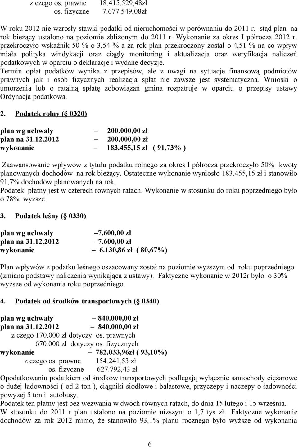 przekroczyło wskaźnik 50 % o 3,54 % a za rok plan przekroczony został o 4,51 % na co wpływ miała polityka windykacji oraz ciągły monitoring i aktualizacja oraz weryfikacja naliczeń podatkowych w