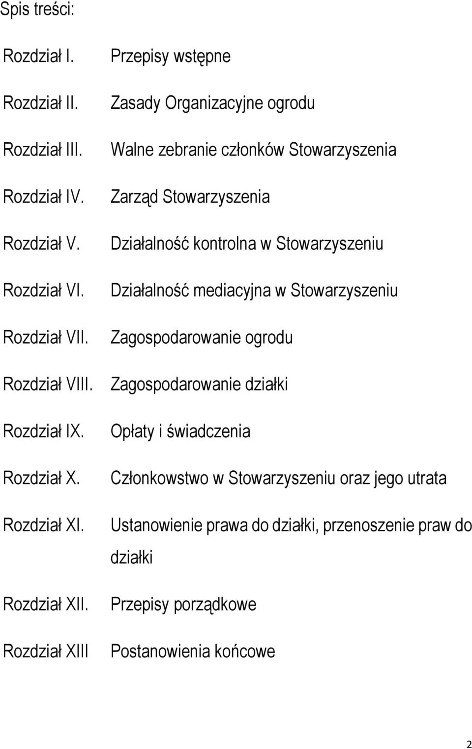 Rozdział XIII Przepisy wstępne Zasady Organizacyjne ogrodu Walne zebranie członków Stowarzyszenia Zarząd Stowarzyszenia Działalność kontrolna w