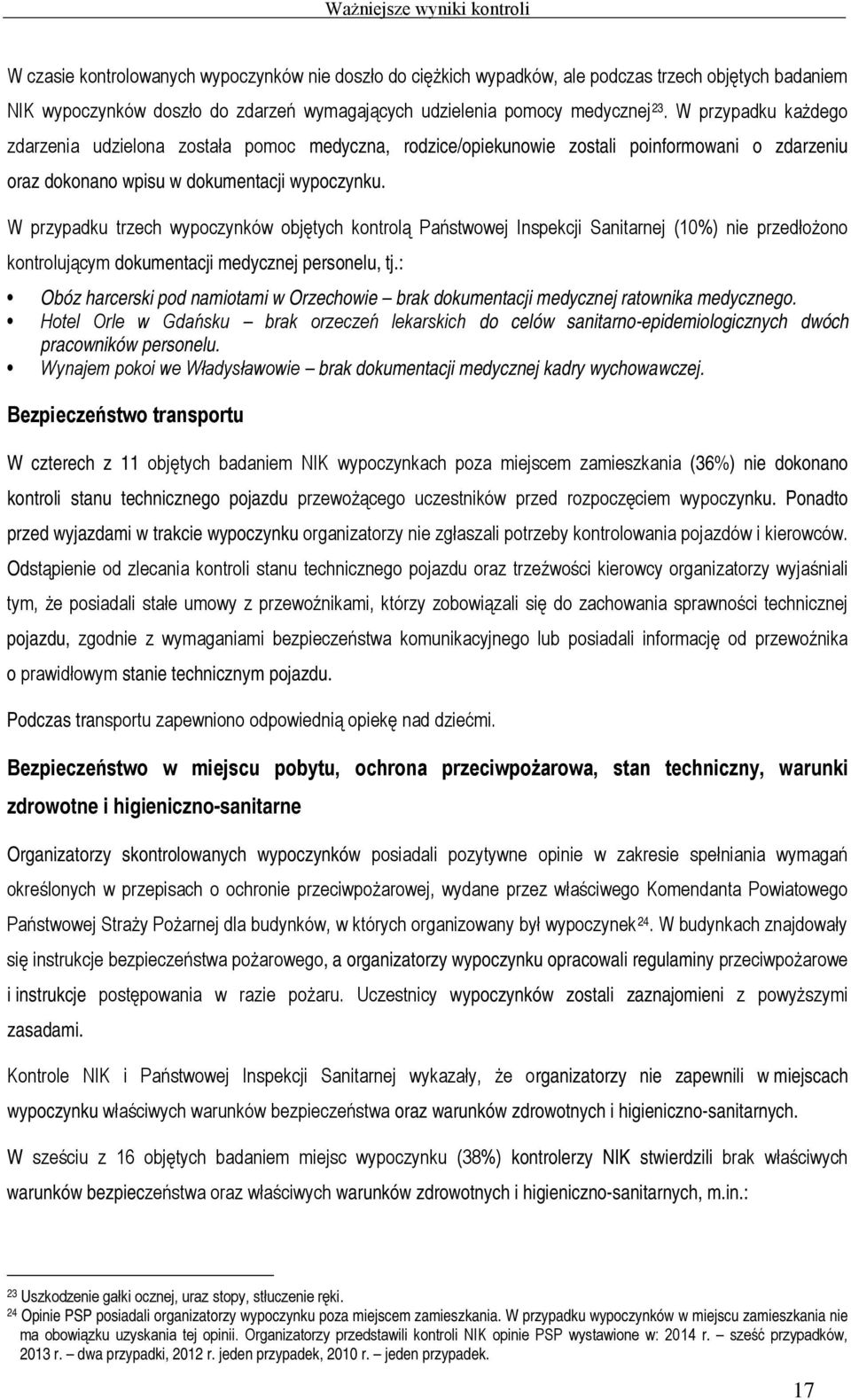 W przypadku trzech wypoczynków objętych kontrolą Państwowej Inspekcji Sanitarnej (10%) nie przedłożono kontrolującym dokumentacji medycznej personelu, tj.