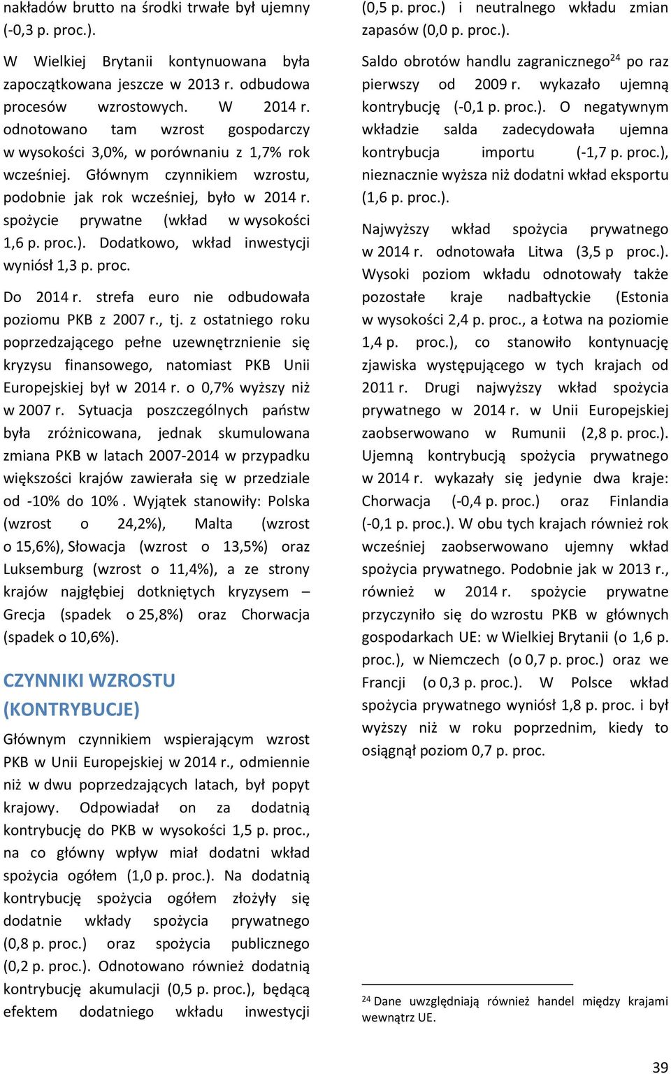 proc.). Dodatkowo, wkład inwestycji wyniósł 1,3 p. proc. Do 214 r. strefa euro nie odbudowała poziomu PKB z 27 r., tj.