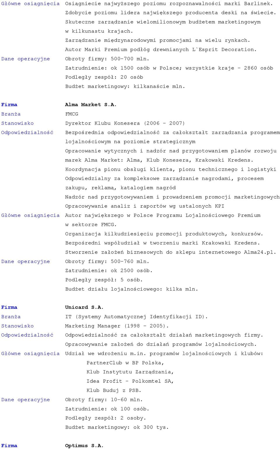 Dane operacyjne Obroty firmy: 500-700 mln. Zatrudnienie: ok 1500 osób w Polsce; wszystkie kraje 2860 osób Podległy zespół: 20 osób Budżet marketingowy: kilkanaście mln. Al