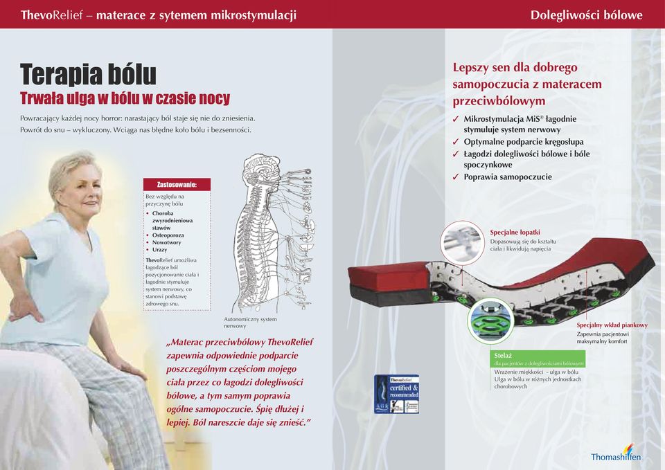 Zastosowanie: Lepszy sen dla dobrego samopoczucia z materacem przeciwbólowym Mikrostymulacja MiS łagodnie stymuluje system nerwowy Optymalne podparcie kręgosłupa Łagodzi dolegliwości bólowe i bóle