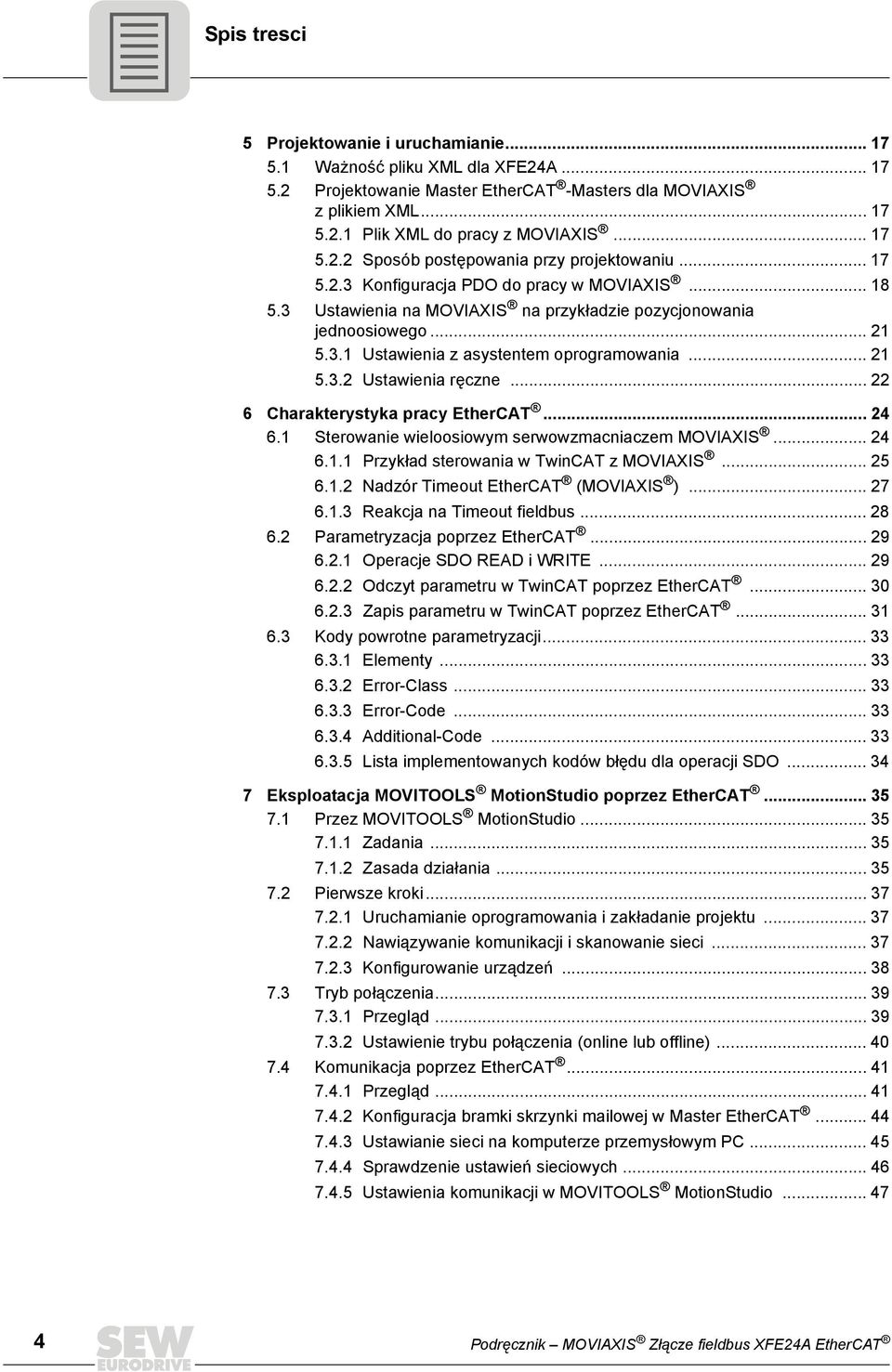 .. 21 5.3.2 Ustawienia ręczne... 22 6 Charakterystyka pracy EtherCAT... 24 6.1 Sterowanie wieloosiowym serwowzmacniaczem MOVIAXIS... 24 6.1.1 Przykład sterowania w TwinCAT z MOVIAXIS... 25 6.1.2 Nadzór Timeout EtherCAT (MOVIAXIS ).